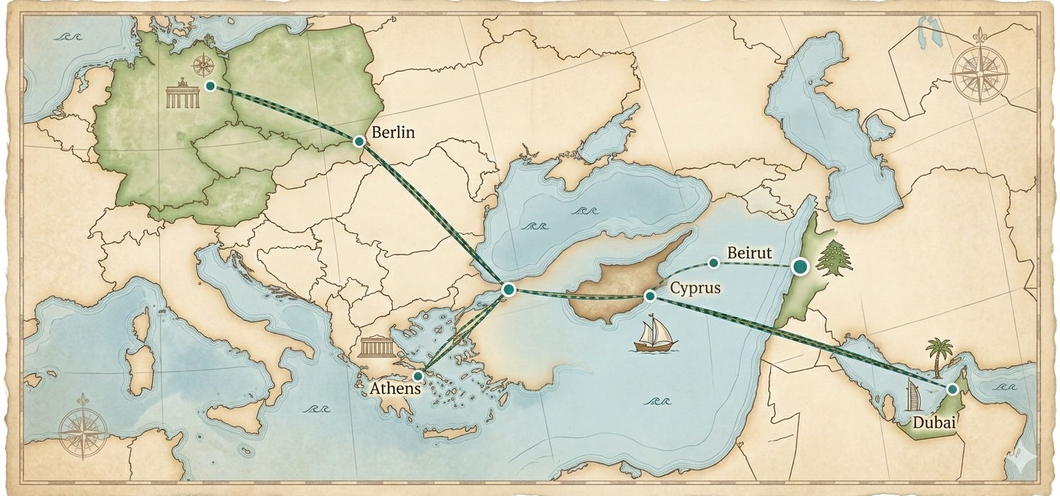 Distribution map: Cyprus, Athens, Berlin, Dubai, Beirut